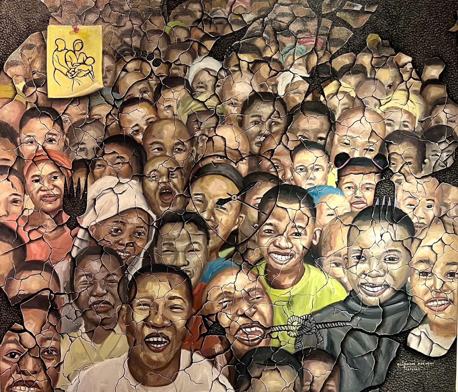 Diversity in Unity by Olalekan Adeyemi: a painting of a dense crowd of faces